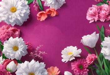 Greetings card for Women's or Mother's Day with floral frame. Template with violet empty space.