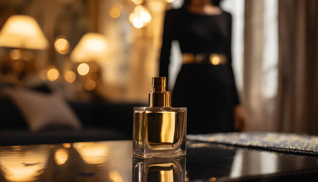 Bottiglia di profumo in una stanza elegante dorata