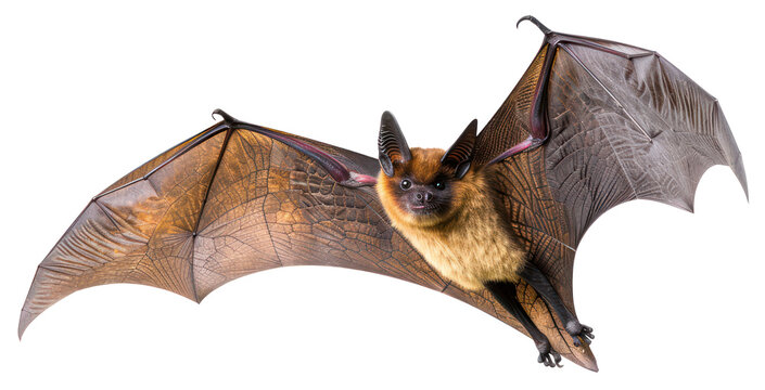 Brown bat with widespread wings flying on transparent background - stock png.