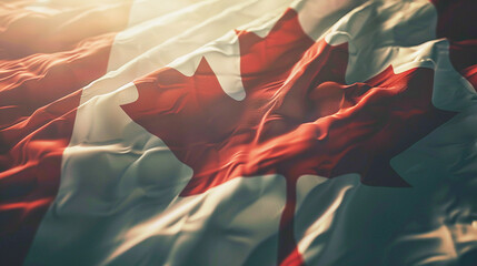 Close up of a Canadian flag flying against a blue sky. Processed for a retro faded look.