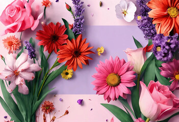 Greetings card for Women's or Mother's Day with floral frame. Flowers on pink-violet flat surface.