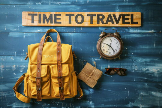Mochila de color amarillo junto a reloj despertador, gafas de sol y paquete envuelto, sobre fondo de madera azul con la inscripción Time to Travel

