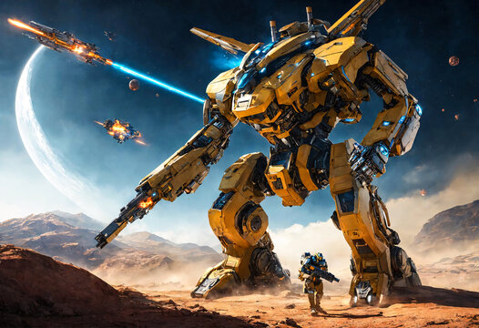 Huge fantastic walking combative robot and human solider in a military battle on a desert rock planet. War robot.