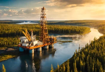 Fotobehang Raw materials mining industry in Siberia. Oil and gas production rigs on platform in the green summer taiga near the river. Evening sun. © nskyr2