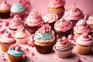 Tempt your taste buds with the irresistible charm of a delicious handmade cupcake, its frosting artfully adorned with sweet decorations, set against a soft pink background that adds to its visual appe - obrazy, fototapety, plakaty