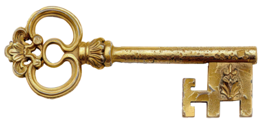 Ornate antique gold key, cut out - stock png.