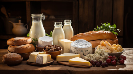 Fototapeta na wymiar Different dairy products, bread and eggs. Concept of healthy food