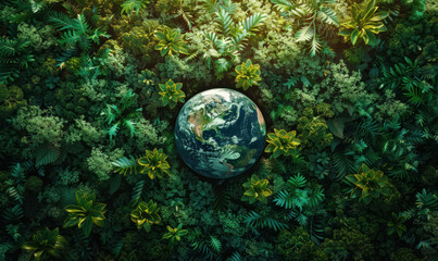 Obraz na płótnie Canvas earth day concept, globe nestled among vibrant green forest treetops from above for sustainability theme