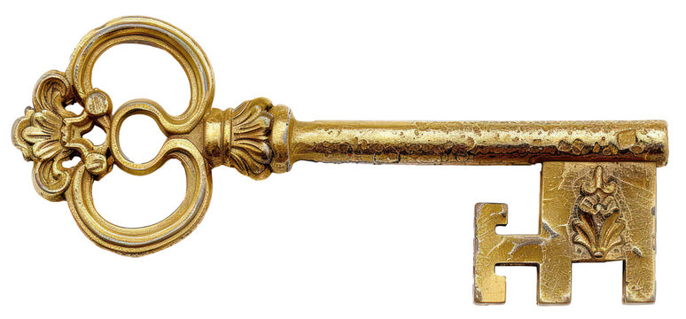 Ornate antique gold key, cut out - stock png.
