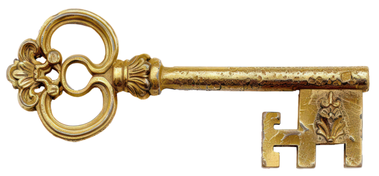 Ornate antique gold key, cut out - stock png.
