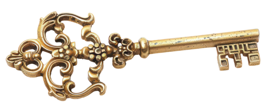 Ornate antique gold key, cut out - stock png.