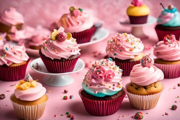 Savor the sweetness of a perfectly crafted handmade cupcake, its frosting adorned with delightful embellishments, set against a soft pink background that adds to its irresistible charm.  - obrazy, fototapety, plakaty