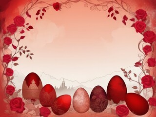 Decorative Easter eggs with floral patterns against a red and pink background with rose motifs. Digital art. Easter celebration, springtime festivity. Graphic design, digital backgrounds, copy space