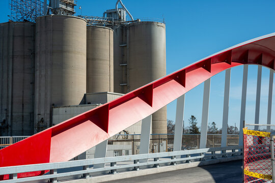 old silos and detail of Cherry Street North Bridge designed by Entuitive, schlaich bergermann partner (sbp), and Grimshaw Architects, Port Lands, on the Toronto waterfront east 