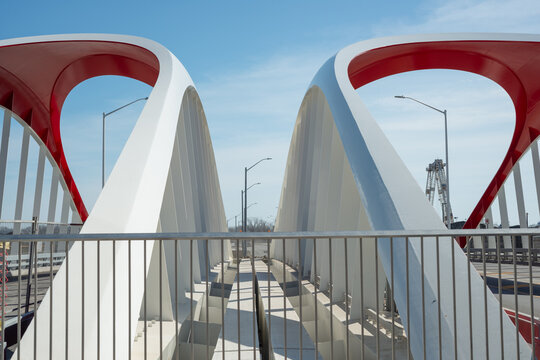 double view of Cherry Street North Bridge designed by Entuitive, schlaich bergermann partner (sbp), and Grimshaw Architects, Port Lands, on the Toronto waterfront east 