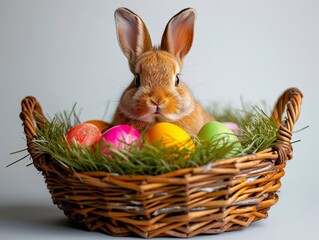 Easter bunny in a basket of eggs. Bright, festive, and seasonal. Easter celebration and springtime.rint materials, digital graphics, and social media posts. 