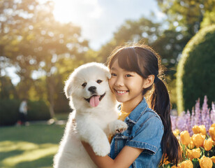 A cute, smiling girl holding an adorable puppy in her hands. Happy puppy. A vibrant green environment