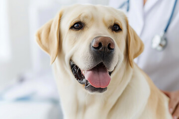 Beautiful Labrador dog in veterinary clinic.