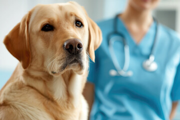 Beautiful Labrador dog in veterinary clinic. Veterinarian dressed in blue uniform on the background