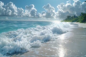 White sand beach scenery with waves - obrazy, fototapety, plakaty