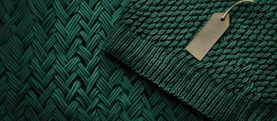 A green knitted sweater with a tag attached to it that displays clothing care and composition information. The tag is clearly visible against the textured green fabric. - obrazy, fototapety, plakaty