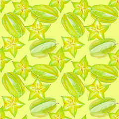 Star fruit pattern, watercolor illustration of tropical green carambola slices and whole pieces
- 749623929