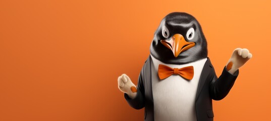 Penguin in business suit pretending to work in office, studio shot on plain wall with text space - obrazy, fototapety, plakaty