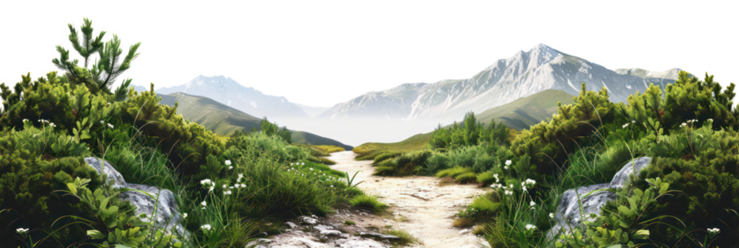 Scenic mountain trail through lush greenery and rocky terrain, cut out - stock png.