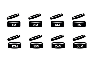 period after opening vector icons, expiration period months PAO, cosmetic package design element, blac symbols set