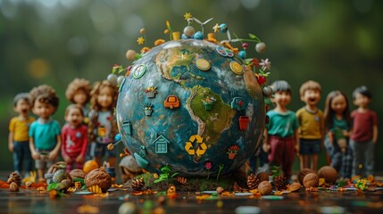 A globe with symbolic icons of recycling, solar energy, and water conservation, surrounded by diverse groups of children engaging in environmental activities