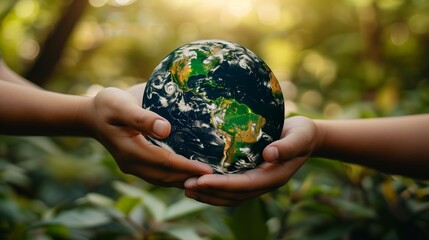 Close up of hands giving small planet earth to child over defocused green background with copy space