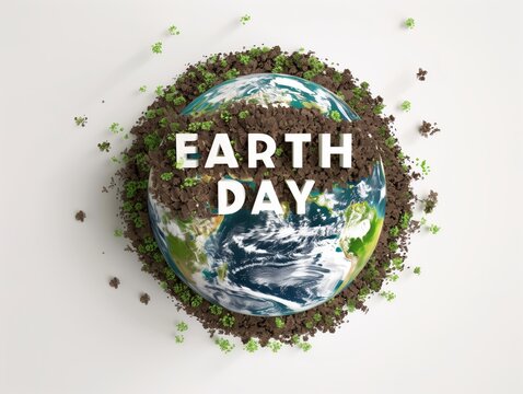 Around the globe text Earth Day, bird’s eye view, photo realistic, white background