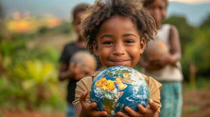 International day of peace concept with African Children holding earth globe