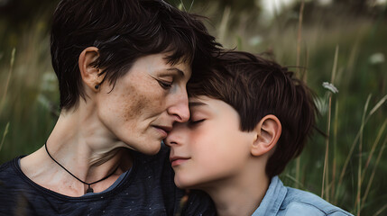 Fototapeta premium Tender Moment Between Mother and Son in Nature