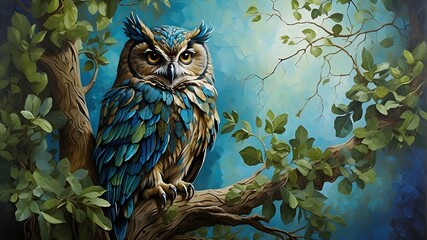 "A wise owl perched atop a tree, its feathers a blend of deep blues and greens, symbolizing the connection between wisdom and nature."