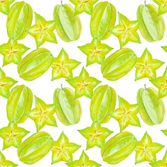 Star fruit pattern, watercolor illustration of tropical green carambola slices and whole pieces
