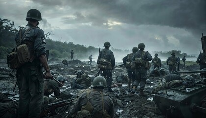 Photo of World War II marines, WWII, soldiers, war scene, soldiers fighting in war, a group of soldiers during second world war, camaraderie, soldier in combat