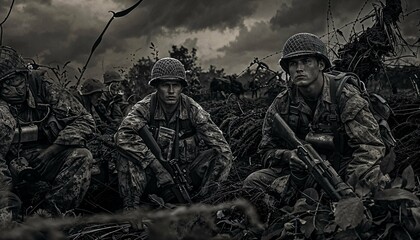 Photo of World War II marines, WWII, soldiers, war scene, soldiers fighting in war, a group of soldiers during second world war, camaraderie, soldier in combat