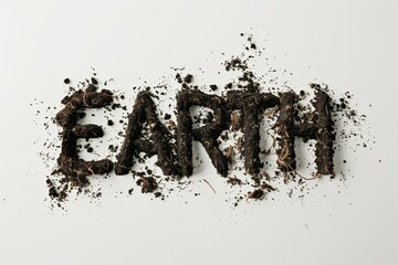 Word earth made of black soil isolated white background, top view