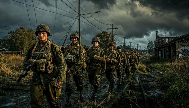 Photo of World War II marines, WWII, soldiers, war scene, soldiers fighting in war, a group of soldiers during second world war, camaraderie, soldier in combat