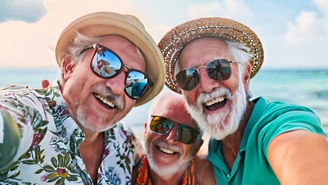 Three elderly men, friends, stand on a sandy beach by the ocean, holding a smartphone up to take a selfie together under the sunny sky