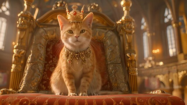 A cat perches atop a regal golden throne, looking around curiously and showing off its majestic presence