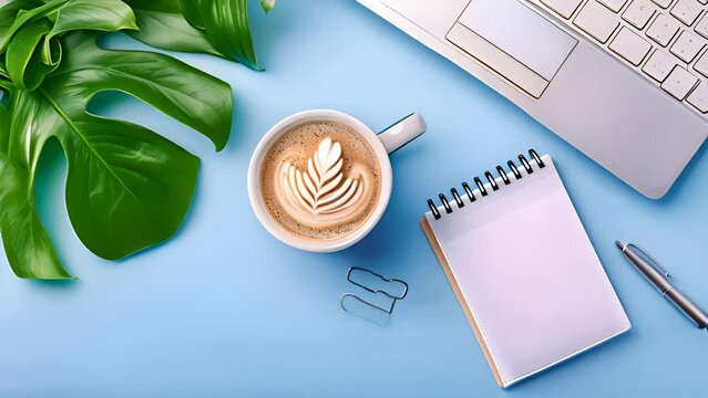 A cup of coffee and a notebook are placed on a blue surface. The steam rises from the mug, and the notebook is open with a pen next to it