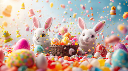 illustration of Easter rabbits with colorful eggs in the basket. eggs hunt concept