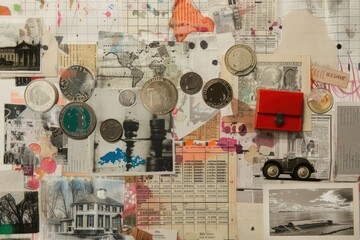 black and white collage. car, coins, house. economy. mortgage cost concept. price rise