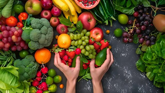 A person stands holding a diverse assortment of fresh fruits and vegetables in their hands