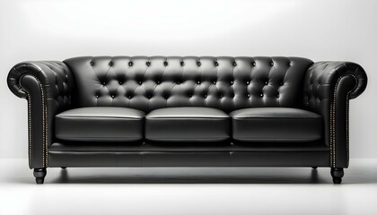 Black leather sofa isolated in a black wall room with wooden floor and two twins lamps at the sides
