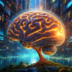 Digital consciousness, brain potential. Ideas and innovation. Free your mind. Synapses and artificial intelligence. Cloud and globalization. ai generative. Human anatomy and brain, side view. - 749625913