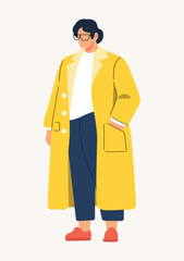 Fototapeta na wymiar Flat Character, minimalist vector illustration, stylized illustration of a person wearing trendy a yellow coat, dark pants, red shoes, and glasses against a light background