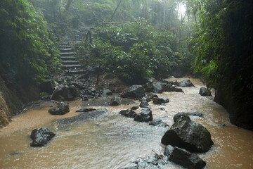 A downpour in the jungle. A large stone in the river of a waterfall on the popular island of Bali.